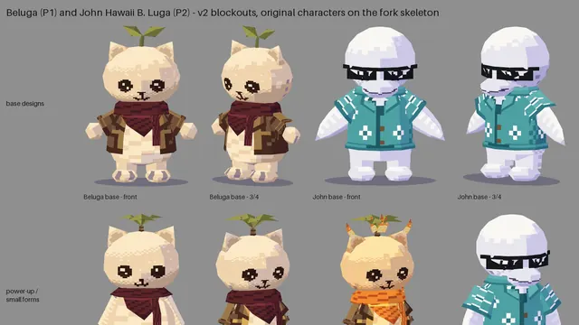 The v2 blockouts on the fork's skeleton: Beluga and John in their base designs, plus Beluga's small, big and fire forms and John's small form