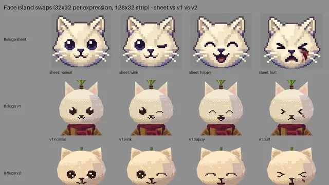 Faces: my pixel-art expressions against the first two versions. Each is a 32×32 tile swapped at runtime