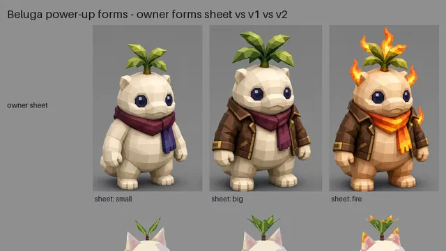 From sheet to model: my character sheet for Beluga's three forms, against the first and second blockouts